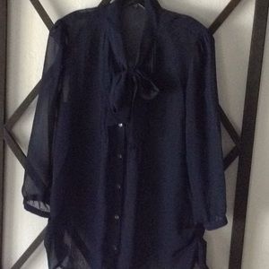 Modern Love Navy Sheer ruched blouse classic